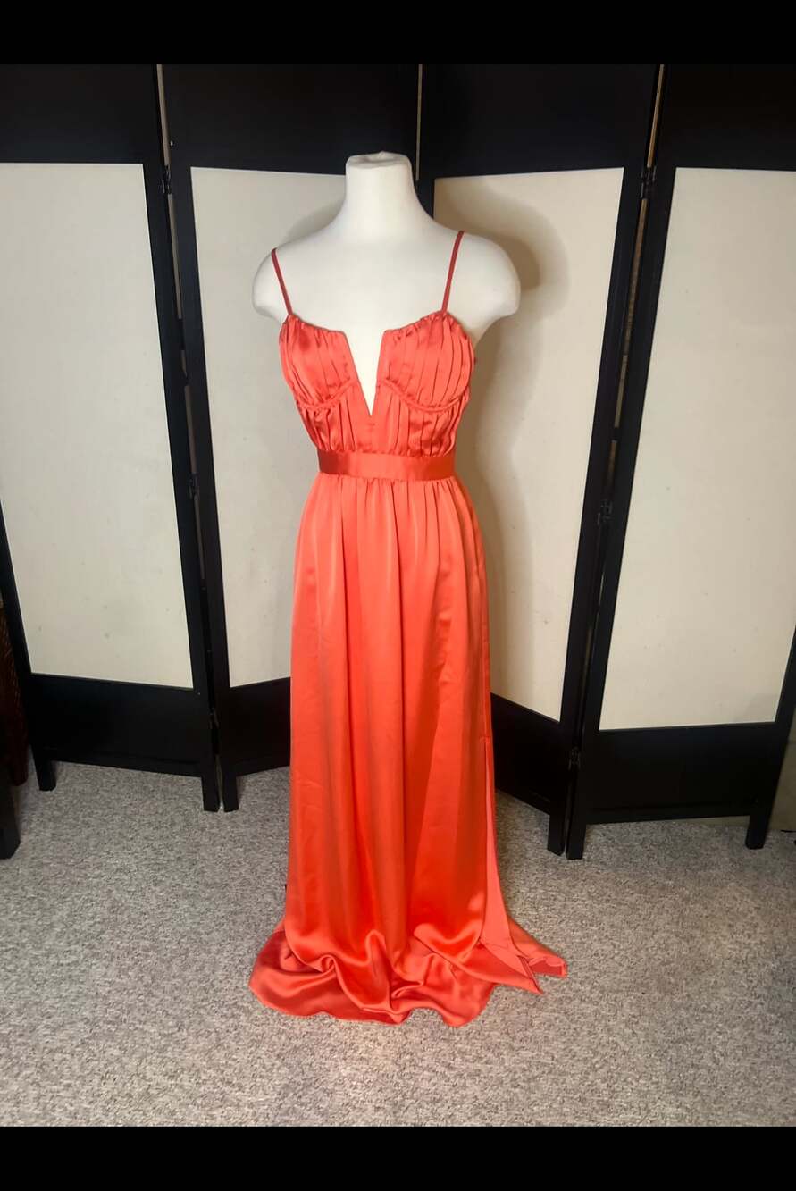 Ramy Brook Becky Plunge Neck Satin Gown in color Guava. Size 2! NWT. MSRP $645!